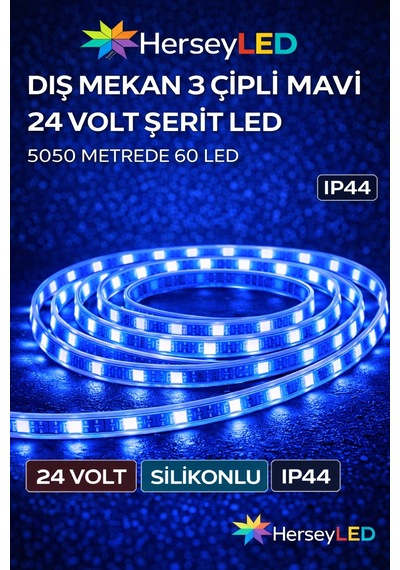 Dış Mekan 3 Çipli Mavi 24 Volt Şerit Led 5050 Metrede 60 Led