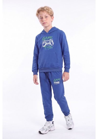Fyk Kids Erkek Çocuk Baskılı Kanguru Cepli Kapüşonlu Eşofman Takımı Sax Mavisi