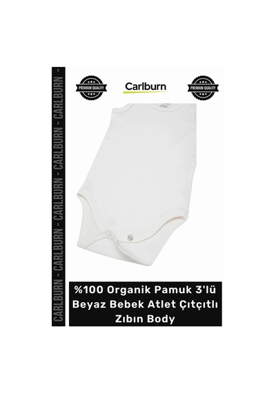Carlburn Zıbın Yumuşak Unisex Kaliteli 100 Organik Pamuk 3'lü Beyaz Bebek Atlet Çıtçıtlı Zıbın Body