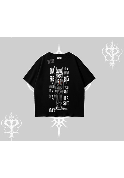 Tarzsokak Dream Big Yazılı Takım Elbiseli Kedi Baskılı Oversize Tshirt Siyah Tarzsokak Dream Big Yazılı Takım Elbiseli Kedi Baskılı Oversize Tshirt Siyah