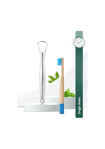 Tbrush Mavi Doğal Bambu Vegan Çocuk Diş Fırçası - Soft (yumuşak) + Paslanmaz Çelik Dil Temizleyici
