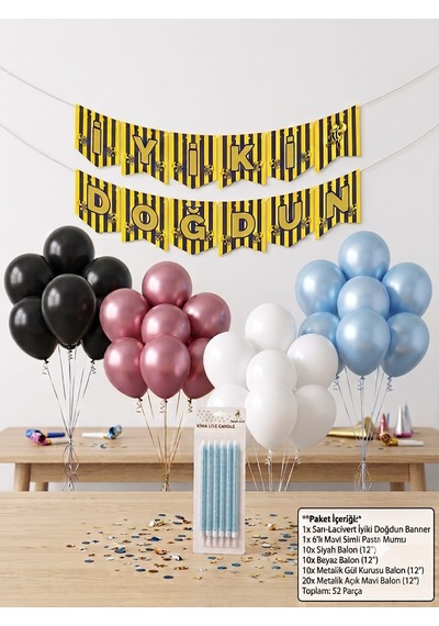52 Parça Doğum Günü Balon Süsleme Seti Sarı Lacivert İyiki Doğdun Banner, 6'lı Mavi Simli Pasta Mumu, Gül Kurusu, Siyah, Beyaz & Açık Mavi Balon Paketi Çoklu Renkli 52 Parça Doğum Günü Balon Süsleme Seti Sarı Lacivert İyiki Doğdun Banner, 6'lı Mavi Simli Pasta Mumu, Gül Kurusu, Siyah, Beyaz & Açık Mavi Balon Paketi Çoklu Renkli