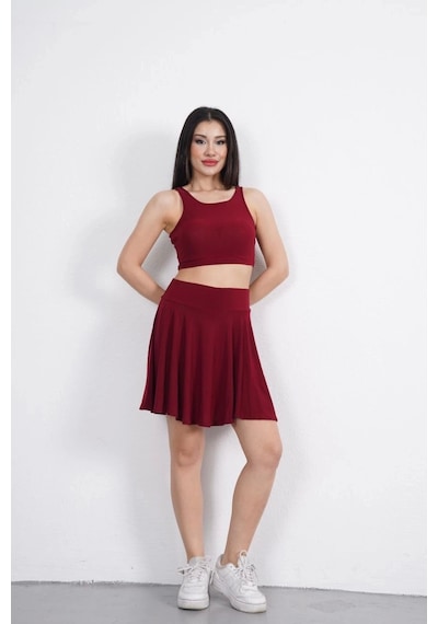 Alfanora Sendy Kumaş Bisiklet Yaka Crop Şortlu Etek İkili Takım - Bordo Bordo Alfanora Sendy Kumaş Bisiklet Yaka Crop Şortlu Etek İkili Takım - Bordo Bordo