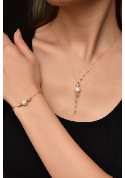 Papatya Silver 925 Ayar Gümüş Rose-Gold Kaplama Inci Simli Dorika Toplu Kolye ve Bileklik Set