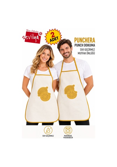 Punchera 2li Paket Punch Nakışlı Sıvı Su Geçirmez Mutfak Önlüğü Limon
