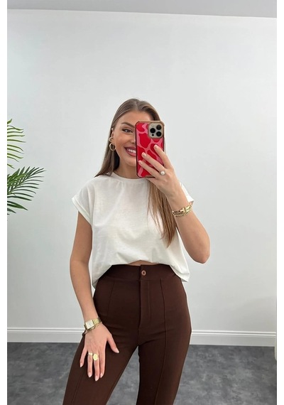 Winmoda34 Yüksek Bel Çimalı Palazzo Kumaş Pantolon Nevrulu kahve