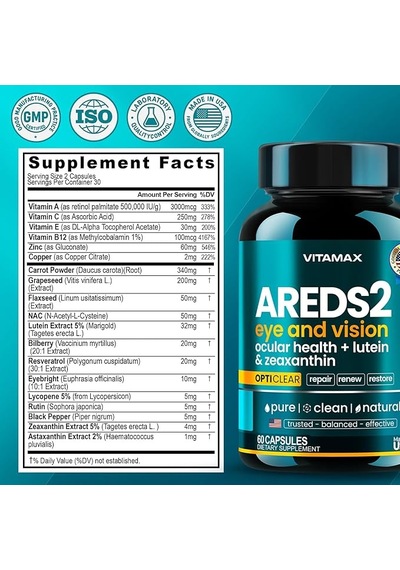 Areds 2 Eye Vitamins - Lutein, Zeaxanthin, Bilberry, Astaxanthin Mineral Vision 60 Kapsül