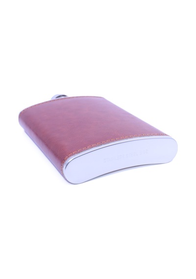 Kahverengi Deri Kaplama Paslanmaz Çelik Cep Matarası - Hip Flask 9 Oz