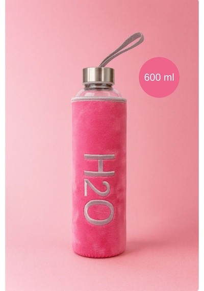 Peluş Kılıflı Cam Matara 600 Ml Pembe Pembe