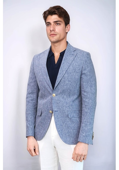 Koyu Mavi Keten Dokulu Gold Renk Metal Düğmeli Slim Fit Erkek Blazer Ceket - Wessi Navy Blue