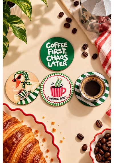 Coffee First Kahve Temalı 4 Lü Bardak Altlığı Set 9 Cm, 3 Mm Ahşap Mdf, Dijital Baskı - 926984089 Diğer