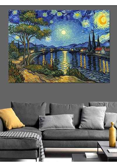 Van Gogh Tarzı Gece Şehri Dekoratif Kanvas - Mdf Ahşap Tablo