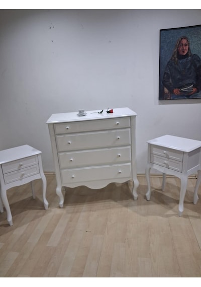 Şifonyer 2 Adet Komodin 90668 Model Aslan Ayak Kayın Parlak Beyaz Porselen Kulp