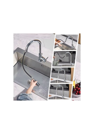 Rena Design Mutfak Evye Bataryasi Krom Spiralli Çek Birak Uzayan 2 Modlu Başlik Yağmurlama Sprey Prinç Musluk
