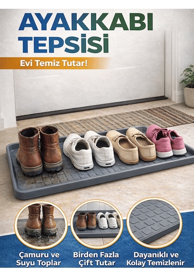 Çok Amaçlı Ayakkabı Tepsisi Dolap İçi Düzenleyici Su Çamur Kir Geçirmez Dayanıklı Organizer 35x70cm Gri