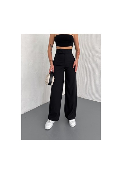 Gugus Kadın Cepsiz Dokuma Kumaş Pantolon Beli Cırtlı Bol Paça Wide Leg Model Siyah