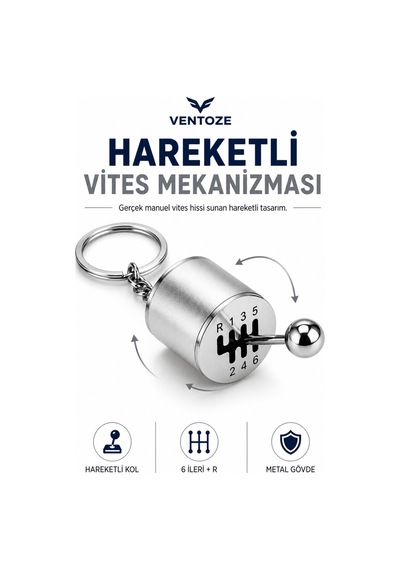 Hareketli Vites Topuzu Tasarımlı Metal Anahtarlık 6 İleri R Oto Aksesuar Gümüş Metal
