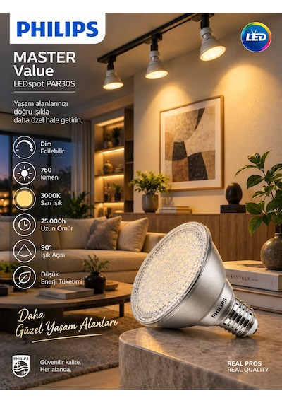 12 Adet Philips 9.5w 3000k Sarı Işık E27 Duylu 760 Lümen Dim Edilebilir Par30 Ampul