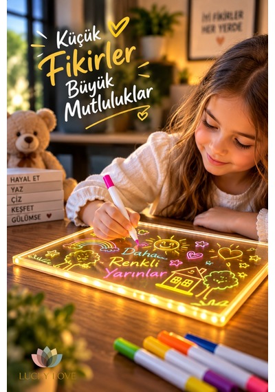 Led Işıklı Silinebilir Yazı Ve Çizim Panosu 30x20 Cm Fosforlu Kalemli Usb'li Katlanabilir Ayaklı Şeffaf