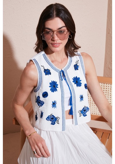 Lela Astarlı Nakış Işlemeli Standart Fit Bağlamalı Yuvarlak Yaka Crop Bayan Yelek 611Yl128 Ekru