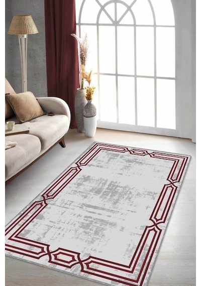 Bordo Çerçeveli Kaymaz Taban Makinede Yıkanabilir Halı Rv079n11