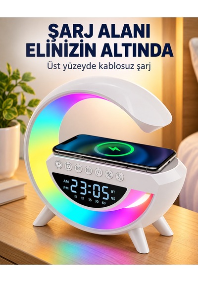 Şarjlı Hoperlör 7 Led Işıklı Bluetoothlu Alarm Saat Şarj İstasyonu Ritme Göre Renk