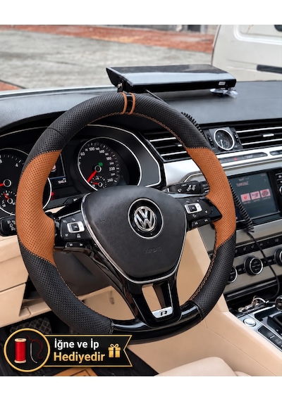 Vw Polo Mk6 Dikme Direksiyon Kılıfı Delikli Deri Parlak Siyah Taba Detay Çift Yüzük Ve Dikiş 2017-2021