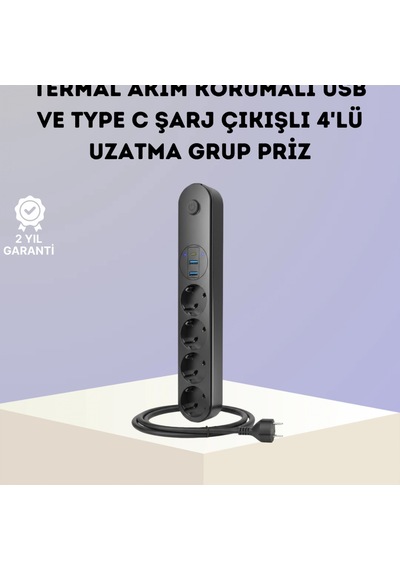 4 Lü Akım Korumalı Çoklu Priz 2 Usb 1 Type-c, 2500w, 2 Metre Kablo, Siyah Diğer