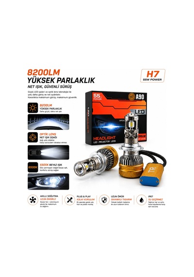 H7 A90 Led Xenon 55w 8200lm Optik Lensli 6500k Beyaz Işık Far Ampulü