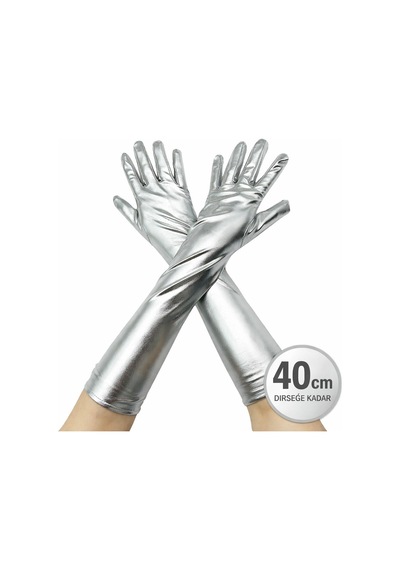 Terrien Premium Gümüş Renk Dirsek Altı Lüks Saten Eldiven 40 Cm Etkinlik Ürünü Gece Aksesuarı Dans Kıyafeti