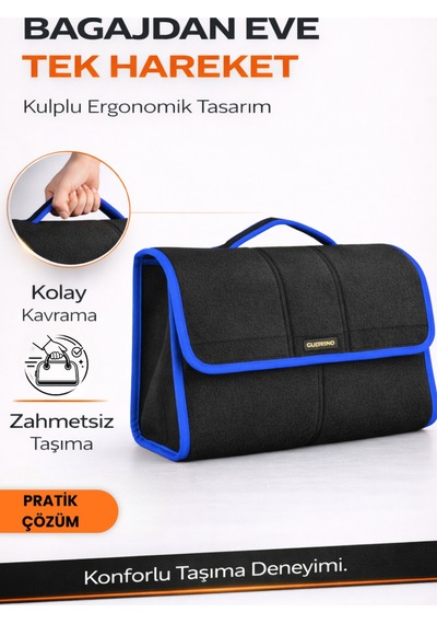 Oto Bagaj Organizer Bagaj Çantası L Boy Kaymaz Cırt Bantlı Velur Kompakt - Siyah Mavi