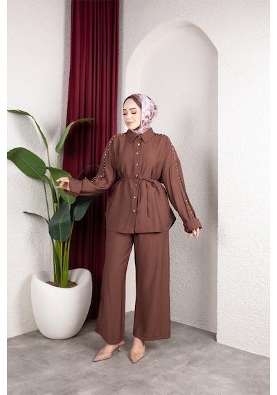 Hira Life Fashion Kadın Kolu Taş Detaylı Bel Bağlamalı Salaş Keten Gömlek Pantolon İki 'li Şık Takım Kiremit Kiremit Hira Life Fashion Kadın Kolu Taş Detaylı Bel Bağlamalı Salaş Keten Gömlek Pantolon İki 'li Şık Takım Kiremit Kiremit