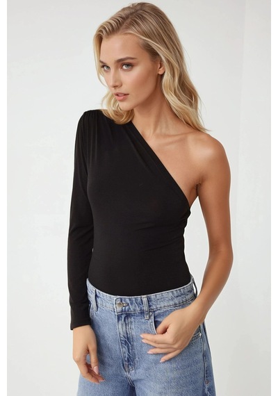 Hiccup Asimetrik Yaka Bodysuit Pika Koleksiyonu Siyah