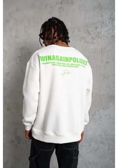 Barlashive Erkek Oversize Sweatshirt Ön Ve Sırt Baskılı 3 İplik Pamuklu - Beyaz Çok Renkli