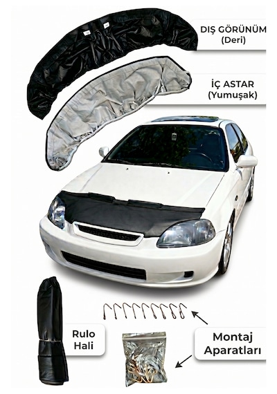 Honda Civic 1996-2000 Uyumlu Ön Kaput Koruma Maskesi Siyah Deri Taş Çarpma & Güneş Koruyucu Kolay Montaj