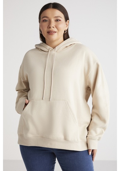 ETHIQUET TEREZABB Kadın Içi Polarlı Yumuşacık Comfort Fit Kapüşonlu Kanguru Cep Bej Büyük Beden Sweatshirt