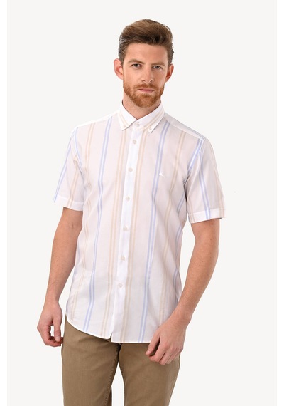 Erkek Beyaz Kısa Kol Çizgili Slim Fit Gömlek