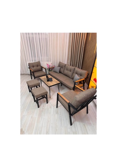 Houseart Balkon, Bahçe - Metal Kanepe Koltuk Takımı 3+1+1 + 2 Adet Puf + Sehpa Cappuccino Houseart Balkon, Bahçe - Metal Kanepe Koltuk Takımı 3+1+1 + 2 Adet Puf + Sehpa Cappuccino