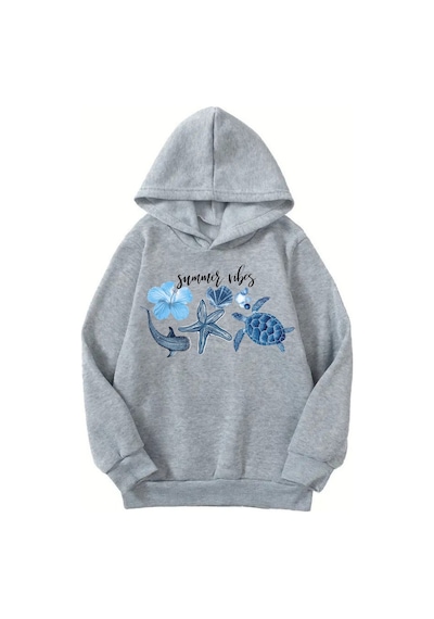 Unisex Gri Cocuk Kapüşonlu Sweatshirt Summer Vbs Baskılı, Şardonlu Kalın Kumaş Gri