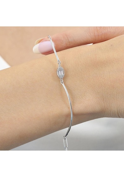 Pırlanta Montür Minimal Oval Baget Gümüş Bilezik