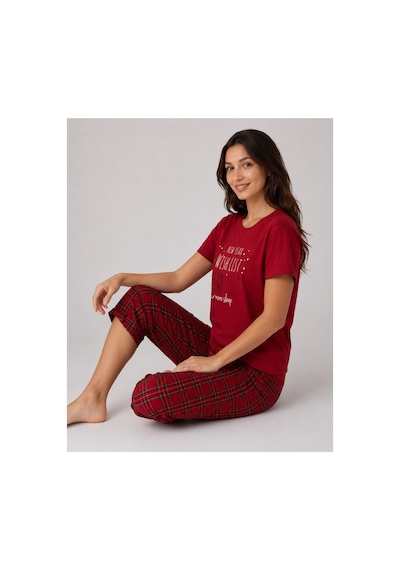 Pijamask Kadın Bordo Ekose Kapri Pijama Takımı Bisiklet Yaka Kısa Kollu Rahat Ev Giyim P100-887 Kırmızı