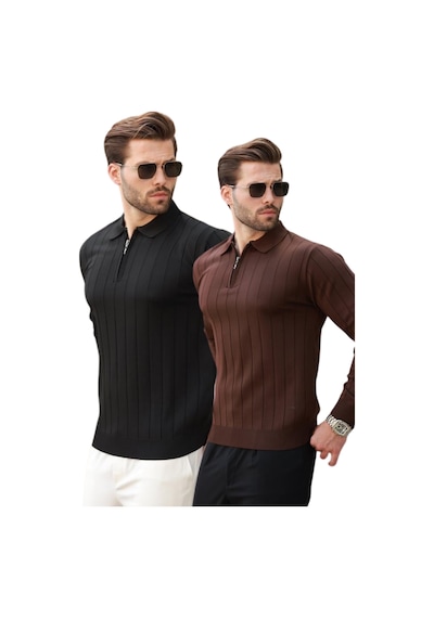 Madmext Siyah/kahverengi Polo Yaka Fermuarlı Örme Kazak 2'li Set 7242 Siyah/kahverengi