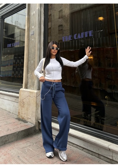 Out Of Standart Kadın Wide-leg Kalıp Beli Lastikli Kordon Detaylı Eşofman Altı İndigo