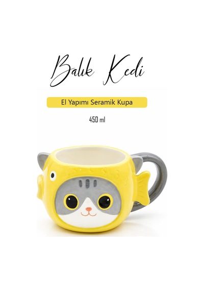 Kedi Balık Figürlü El Yapımı Seramik Kupa, Kahve Fincanı, Mug 450 Ml Sarı