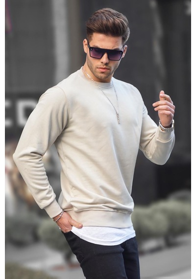 Madmext Bej Basic Bisiklet Yaka Erkek Sweatshirt 6047 Bej