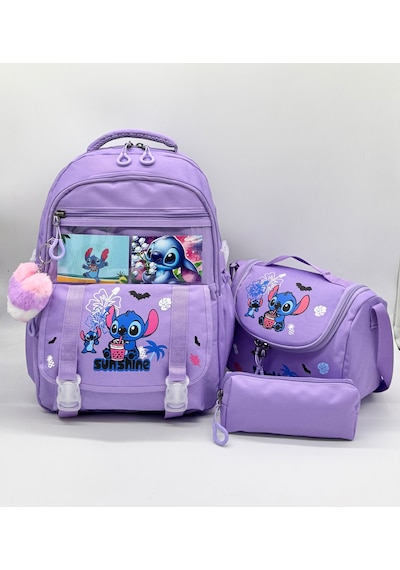 Stitch Desen Aksesuarlı Kore Tarzı Termal Beslenmeli Ve Kalemlikli Kız Çocuk Okul Sırt Çantası Seti Lila