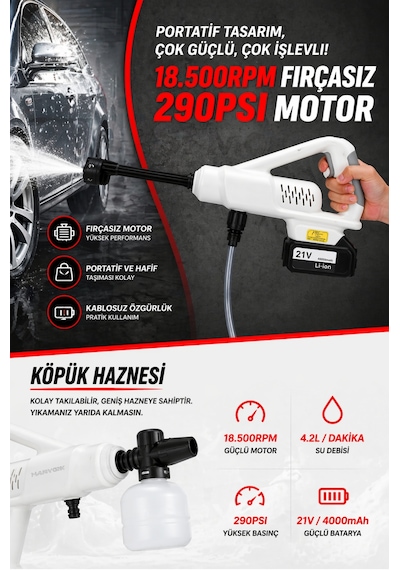 Hx-4000 Profesyonel Yüksek Basınçlı Araç Yıkama Makinesi 290 Psı 18.500 Rpm Çift Bataryalı Şarjlı Tabanca Beyaz