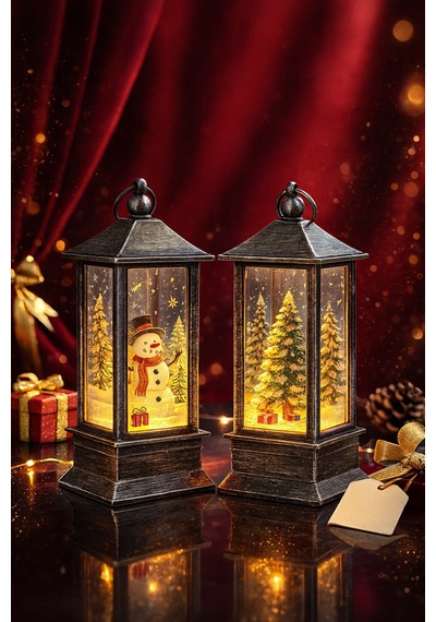 Led Işıklı Noel Feneri 2 Li Set Kardan Adam & Çam Ağacı Temalı Dekoratif Yılbaşı Lambası 14 Cm 20