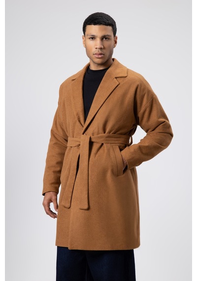 Vamos Kemerli Oversize Kaşe Kaban Taba
