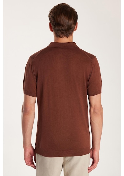 Tudors Erkek Slim Fit Dar Kesim Pamuklu Örme Triko Fermuarlı Kahverengi Polo Yaka Tişört-33747 Kahverengi